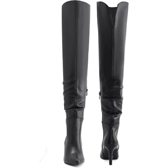 Women Pu Black Polyurethane Over The Knee Stiletto Heel Pointed Toe Long Boot - Picture 3 of 6